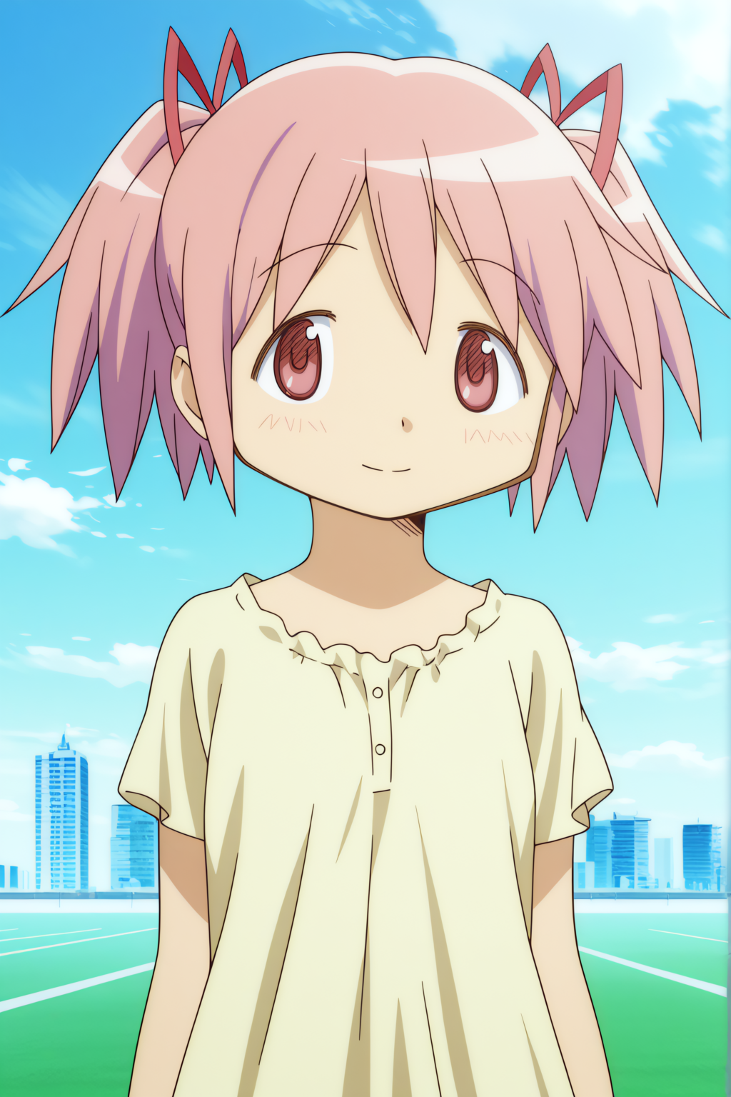 Madoka Kaname, light smile <lora:Madoka-Madoka_Kaname-illustrious:0.8>