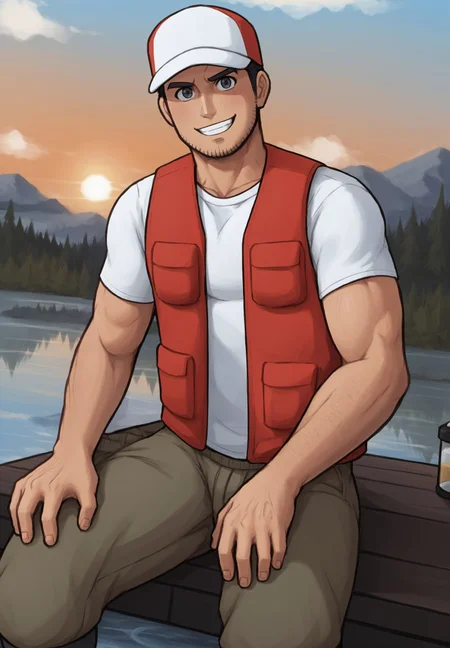 safe_pos, safe_pos, score_9, score_8_up, rating_nsfw, ultra hd, absurdres, best quality, masterpiece, masculine, solo, 1boy, 1male, male focus, best anatomy, best eyes, best hands, sexiest man alive, erotic, gay porn, cartoon art, cartoon artstyle,
POKEFisherman, cap, red vest, facial hair, stubble, dutch angle, looking at viewer, smiling, lake background, sunset, sunset aesthetic, sunset lighting, best lighting, dynamic lighting with shadows