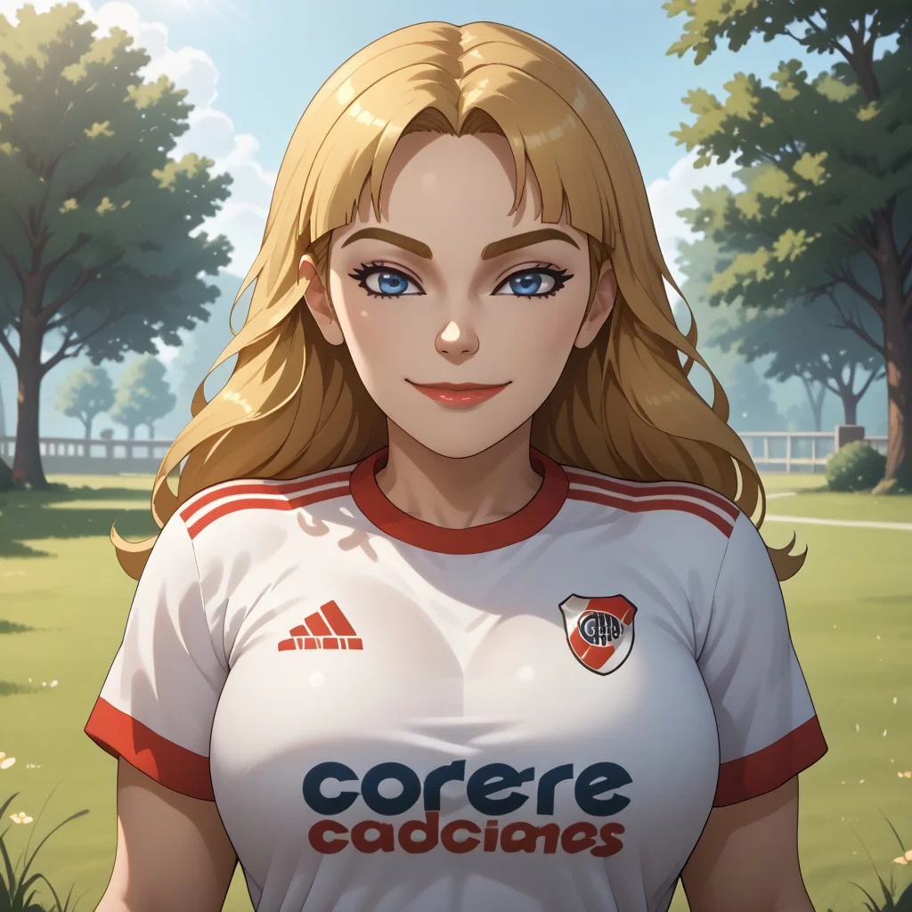 score_9, score_8, BREAK, solo, mii, wii, wii sports resort, 1girl, female mii, cute, blonde hair, long hair, dark blonde eyebrows, black eyeshadow, blue eyes, lips, wide lips, RiverPlate, striped shirt, striped, shirt, white shirt, short sleeves, clothes writing, sportswear, soccer uniform, shoes, big breasts, Gabi_(\Wii_Sports_Resort\), white skin, Nintendo Mii, modern_mii, classic_mii, sexy pose, self portrait, smile, outdoors, sunlight, shadows, evening lighting, natural lighting, forest, trees, grass, orange sky, sunset