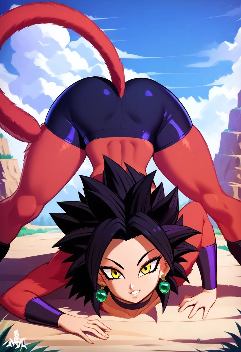 score_9, score_8_up, score_7_up, score_6_up, score_5_up, score_4_up, dynamic, bending over, legs apart, straight legs, view from behind, ass focus,  sneakers, outdoors, beautiful, source_anime, doing the splits, (cute 18 year old girl), color theory, 
BREAK,
Super_Saiyan_4_Caulifla,  yellow eyes, 1girl,  crop top,  long black hair,  body fur,  red fur,
BREAK,
navel, jewelry, medium breasts, cowboy shot, earrings, parted lips, shorts, choker, midriff, armor, short shorts, skindentation, black choker, (shoulder armor:1),
hand on hip, smile, smug, tail, 
BREAK, 
huge smile, cute face, small tight ass, petite body, (face down ass up:1.5)
zPDXL,