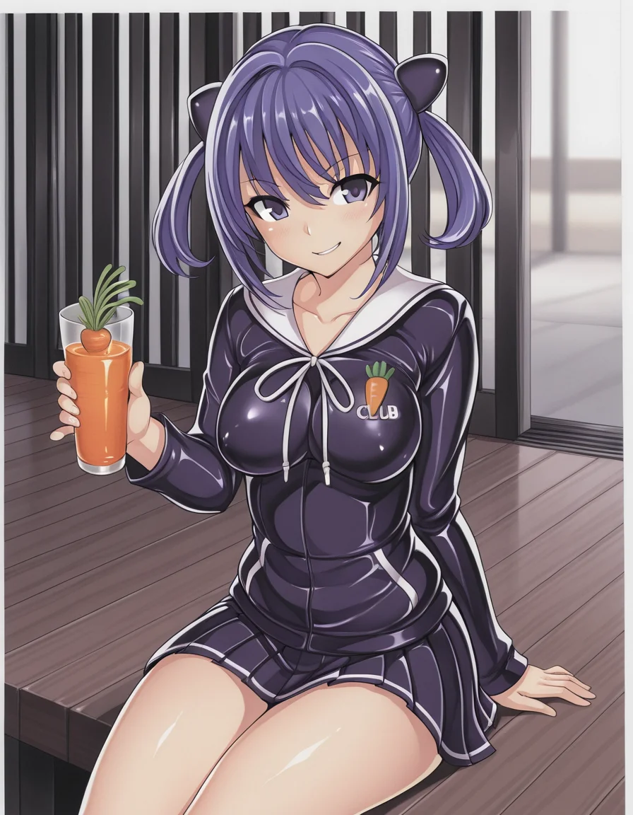 <lora:Dairiseki_Hakaba_illustrious:1>dhstyle
club, cool girl, carrot drink, sitting, smirk