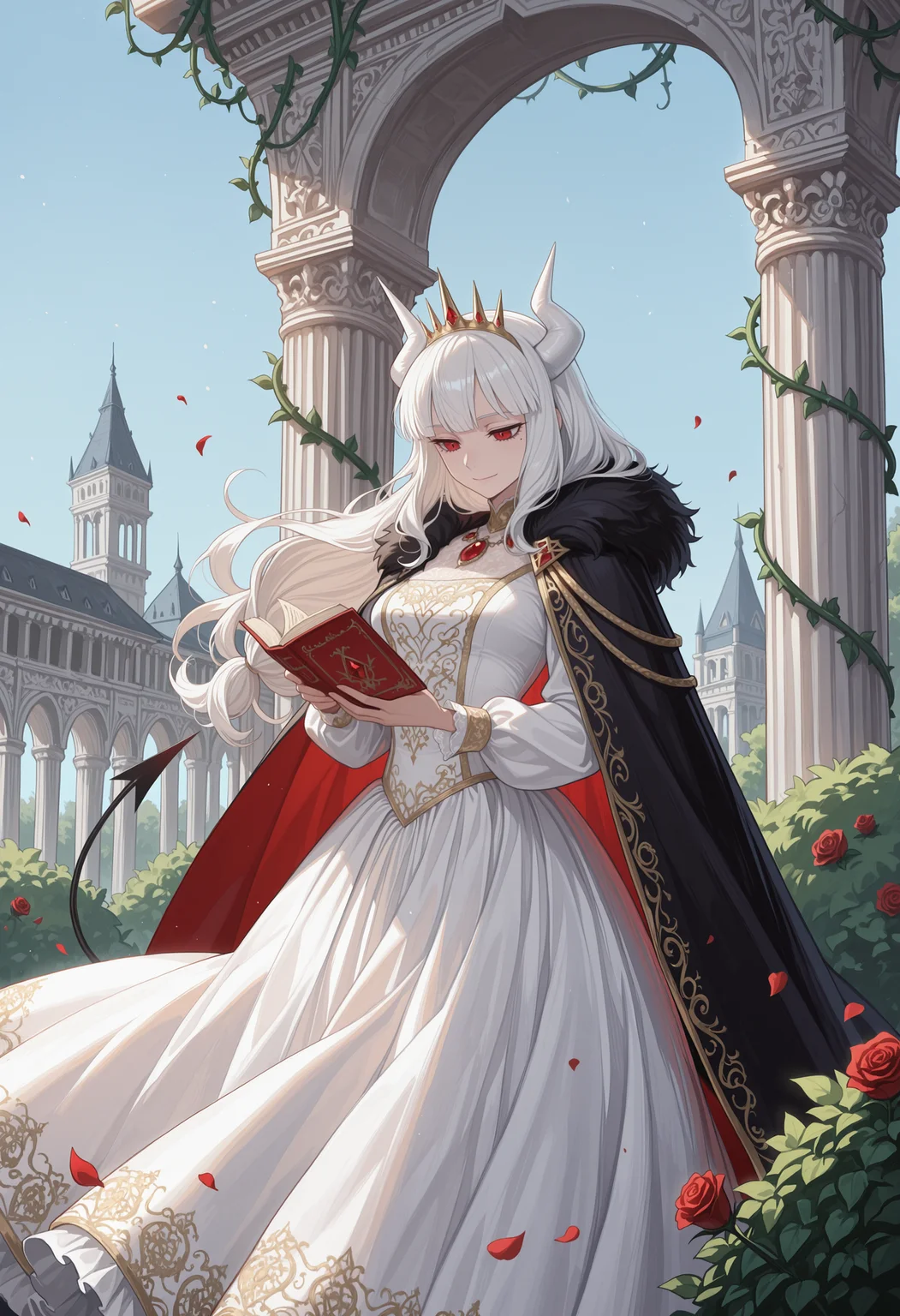masterpiece, best quality, highres, absurdres, very awa, 1girl, solo, luc1ferdef, mole under eye, long hair, white hair, white horns, demon horns, queen, royal gown, cape, regal, majestic, elegant, velvet, embroidered, ornate, elaborate, embellishments, long sleeves, intricate design, crown, outdoors, architecture, pillar, bush, (nature:0.9), vines, scenery, rose, wind, petals, book, holding book, reading, red eyes, black tail, demon tail, gemstone, jewelry, arch, blue sky, light smile, closed mouth