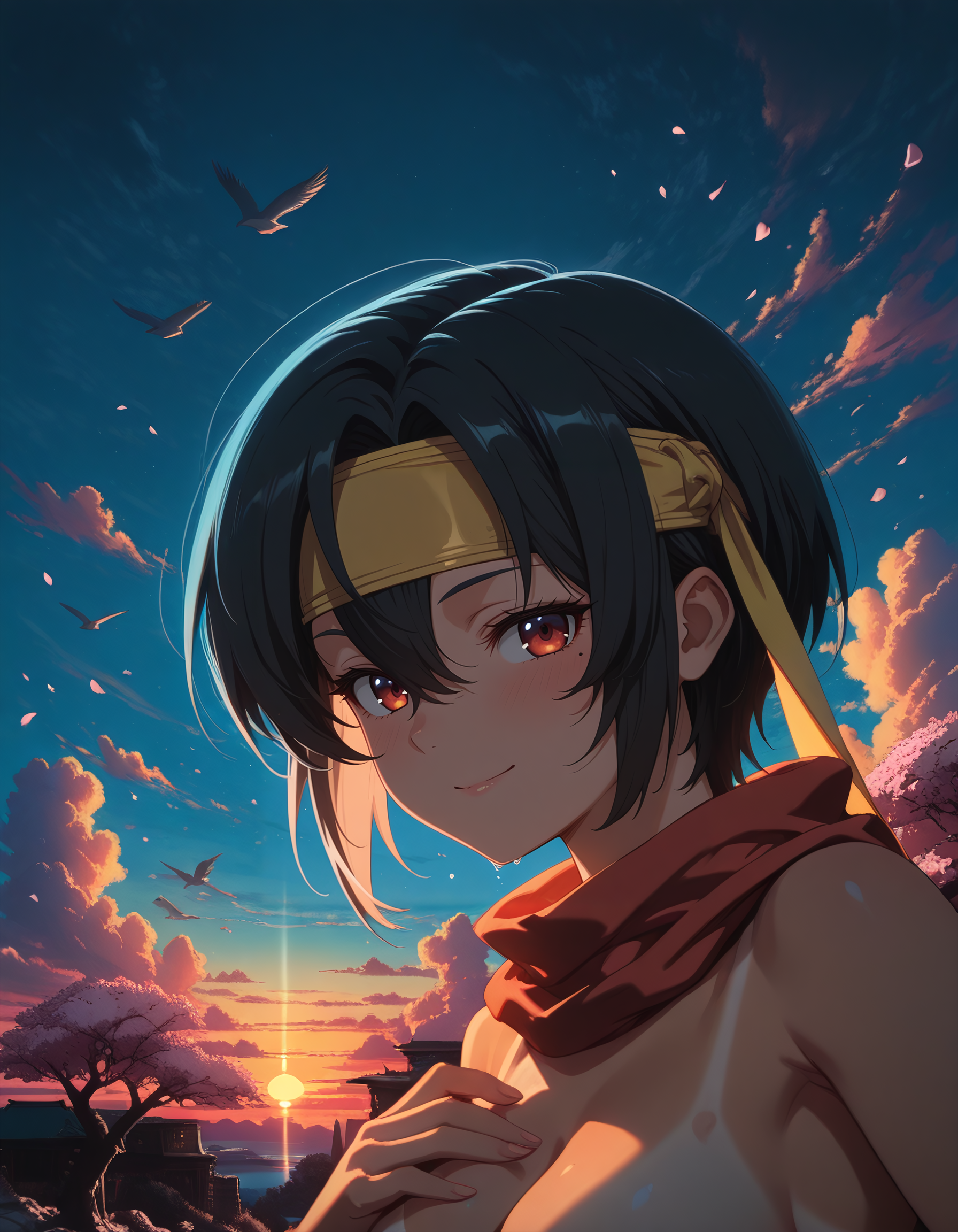 Smooth Quality <lora:bandana_IL:1> bandana, short hair, black hair, headband, hair between eyes, red eyes,  medium breasts, completeley nude, 1girl, armpits, blush, cleavage, closed_mouth, dragon_girl, hand_on_own_chest, looking_at_viewer, outstretched_hand, slit_pupils, smile, solo, sunset, tan, tanlines, upper_body, red_gate_temple, cherry_blossoms_blowing, birds_in_flight, spiritual_vibes, ancient_wood_beams, cloudy_skyline, wandering_gaze, (itchyears:1.1),, <lora:ck-70s-scifi-IL:1> ck70scf, <lora:lightingSlider:-1> blue hour, addmicrodetails <lora:AddMicroDetails_Illustrious:0.6>