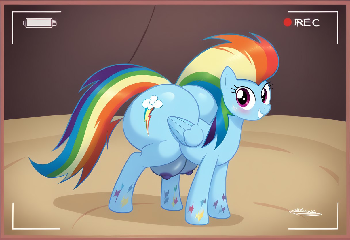 score_9, score_8_up, score_7_up, masterj291´Style, highres, hi res, best quality, masterpiece, <lora:add-detail-xl:.5>, my little pony, solo, background, detailed background, ((my little pony, <lora:mlp: fim - rainbow power - rainbow dash:1>, rainbow dash, rainbow power, hooves, blue pegasus, large butt, grin, striped mane, gradient hooves, border, stylized rainbow mane)
), thoughtful expression, blushing expression, equine, fat ass, feral, huge ass, huge butt, plump, pony, quadruped, thick thighs, looking at the viewer ,ass crack,standing ,(Feral Pony, Pony Form, Huge crotchboobs,purple nipples, Hyper hips, thick thighs, hyper butt,large butt, butt overhang),sexy and cute thin legs,alicorn,horny,empty eyes, recording, twilight's kingdom, TWERKING ,worried expression.