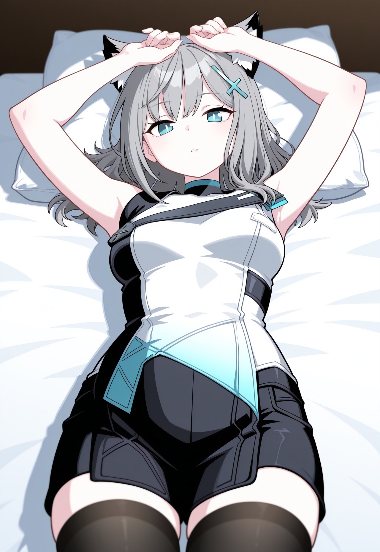 masterpiece, best quality, good quality, very aesthetic, absurdres, newest, 8K, focused subject BREAK 1girl, cowboy shot, on back, on bed, hands above head, black thighhighs, shiroko \(blue archive\), medium breasts, expressionless, parted lips, elmodorm, sleeveless, zipper