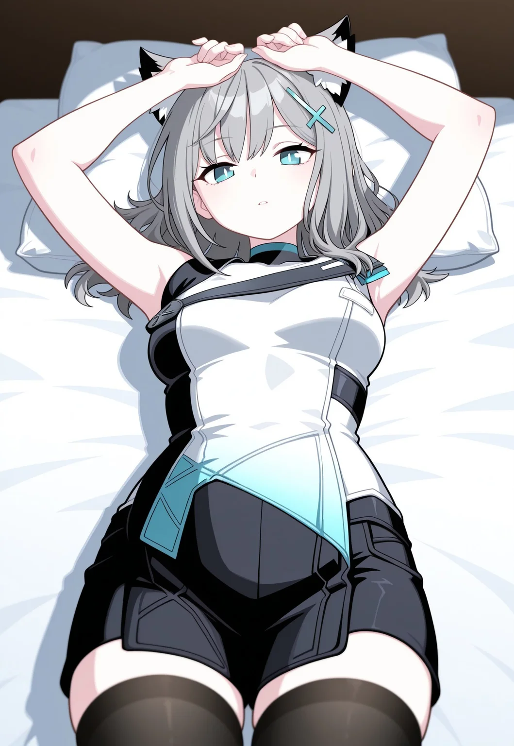 masterpiece, best quality, good quality, very aesthetic, absurdres, newest, 8K, focused subject BREAK 1girl, cowboy shot, on back, on bed, hands above head, black thighhighs, shiroko \(blue archive\), medium breasts, expressionless, parted lips, elmodorm, sleeveless, zipper