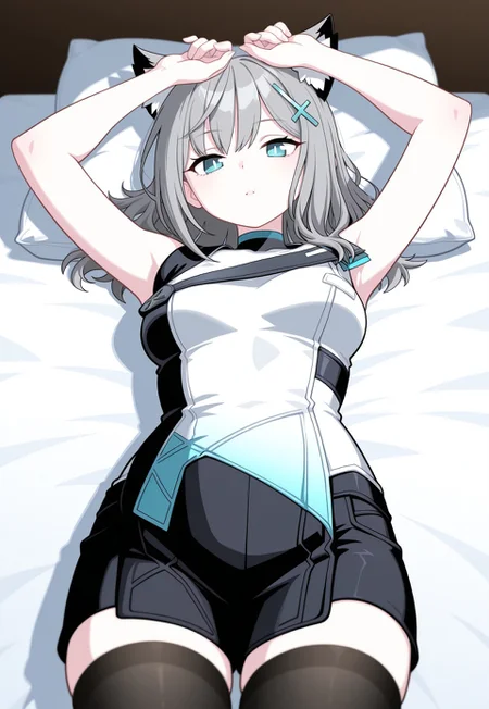 masterpiece, best quality, good quality, very aesthetic, absurdres, newest, 8K, focused subject BREAK 1girl, cowboy shot, on back, on bed, hands above head, black thighhighs, shiroko \(blue archive\), medium breasts, expressionless, parted lips, elmodorm, sleeveless, zipper