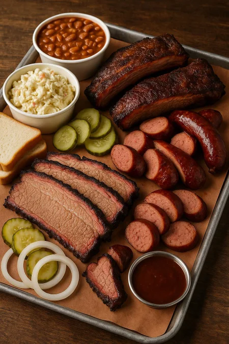 High quality image of a tray of Texas barbeque.  realistic, 8k uhd, high quality
