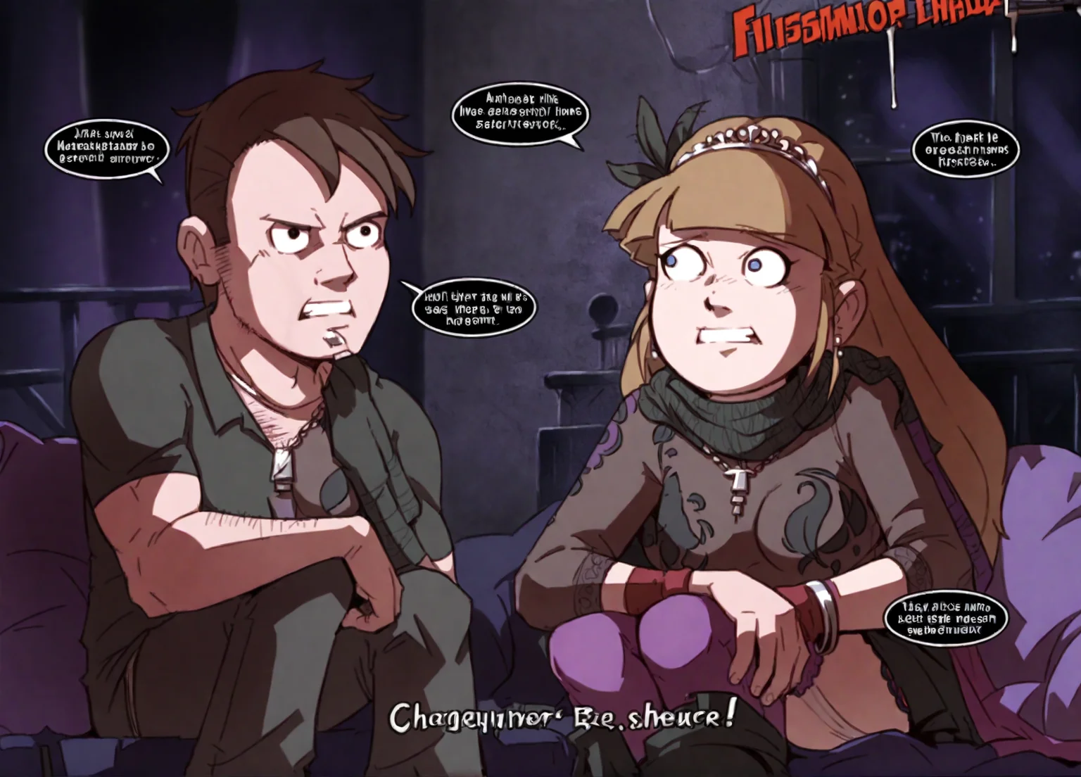 <lora:sk1_pony_v1:1> art by scribblekid, <lora:Dipper_and_Pacifica_together_-_Gravity_Falls_-_together_series_PonyXL:1> dipcif, 1boy, 1girl, parody, style parody, english text, score_9, score_6_up, score_7_up
