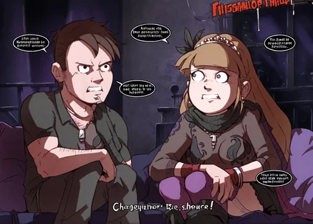 <lora:sk1_pony_v1:1> art by scribblekid, <lora:Dipper_and_Pacifica_together_-_Gravity_Falls_-_together_series_PonyXL:1> dipcif, 1boy, 1girl, parody, style parody, english text, score_9, score_6_up, score_7_up