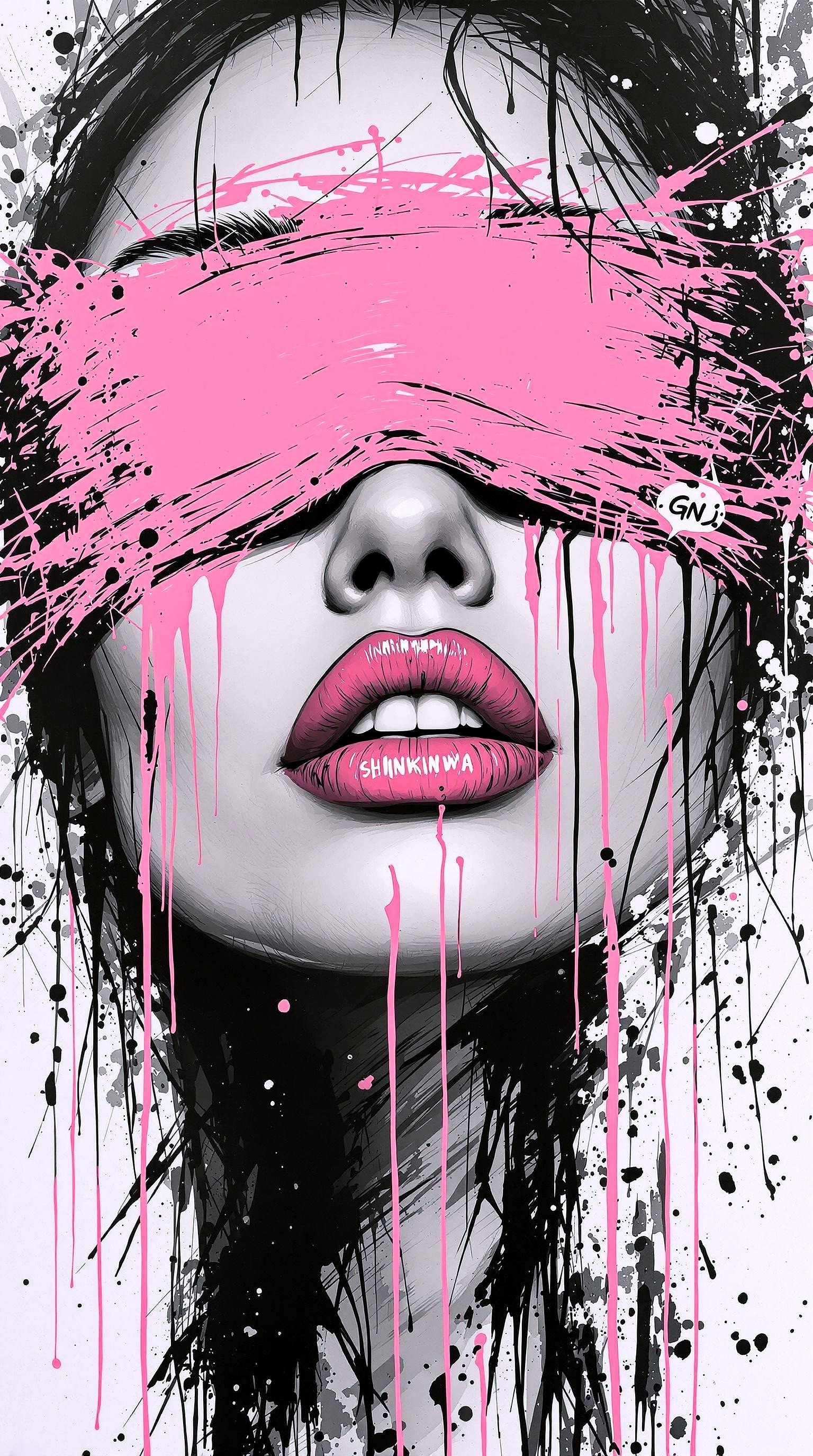 Black and white photography of a beautiful woman with a pink blindfold over her eyes, only her lips in color, dripping paint, graffiti art in the style of Yoji Shinkawa and Dominik Mayer, energy-filled illustrations, dynamic brushstrokes, storybook illustration.