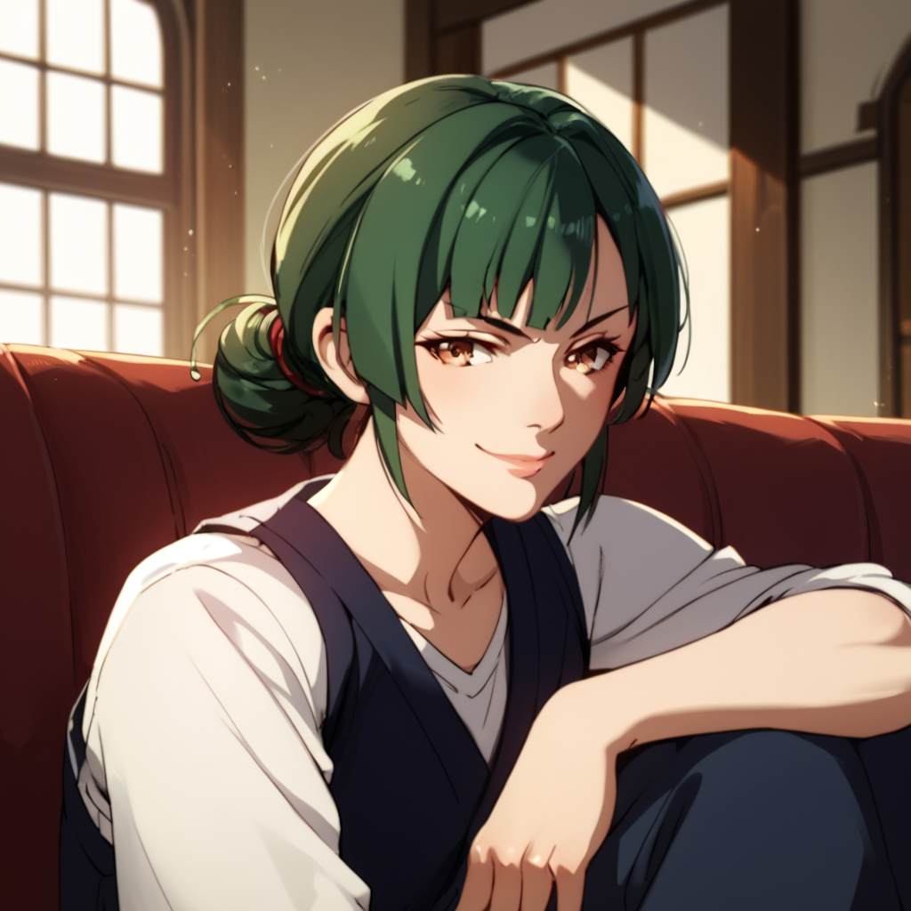 score_9, score_8_up, score_7_up, score_6_up, score_5_up, score_4_up, source_anime,  Yomogi, green hair, , smirk, sitting, portrait