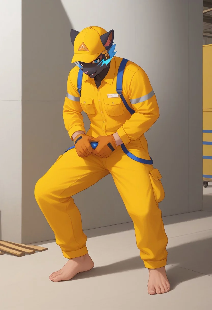 (((Barefoot furry character, full body, cinematic setting, furry male, plantigrade)))
(((Zeraora))) dressed as (((construction worker))), standing before (((building in construction))), (((wearing green shirt with long sleeves, orange reflex vest, brown gloves and long brown working trausers))), holding blueprints, orange protective helmet on head. semi-realistic animation
BREAK, intricate details, highly detailed, extreme detail, octane render, fine art, best quality, highres, (detailed face:1.5), ((full_body)), UHD, (((perfect hands))), ((low light:1.5))