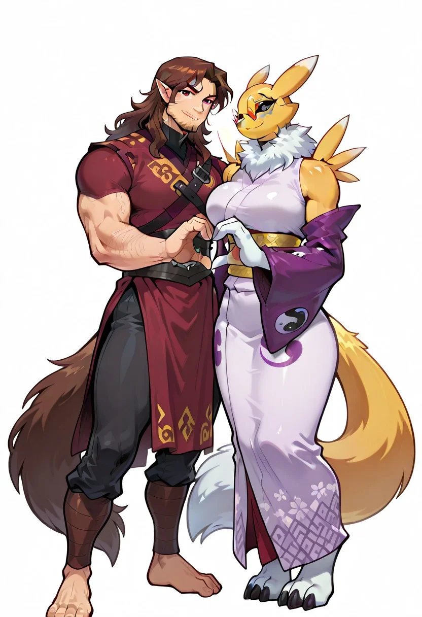 masterpiece, best quality, amazing quality,,
BREAK
<lora:digimon-renamon-illustriousxl-lora-nochekaiser:1> (1girl, solo), Renamon_\(Digimon\), Yellow-white fur,Pointy Ears,White Tipped Ears,Neck Tuft,Blue Eyes,Black Scelera, Long Fox Like Tail, large breasts, kimono, purple kimono, obi, yellow obi, detached sleeves, purple sleeves, full length sleeves,,
BREAK
<lora:trevor-belmont-ponyxl-lora-nochekaiser:1>, trevorbelmont, 1boy, brown hair, long hair, pony tail, red eyes, facial hair, stubble, high collar, tunic, dark red tunic, short sleeves, black pants, no animal ears, no tail, human feet,,
BREAK
<lora:heart-hands-duo-illustriousxl-lora-nochekaiser:1> heart hands duo, heart hands, heart, heads together, cheek-to-cheek, smile, hetero