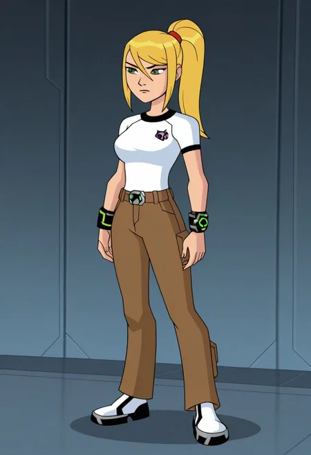 Ben10, samus aran, ponytail, white shirt,brown pants