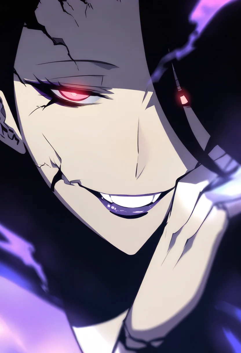 8K, depth of field, focused subject, best quality, <lora:solo_leveling_by_readandsign_fin-000014:1>,
rf64u, 1girl, solo, long hair, looking at viewer, smile, open mouth, black hair, red eyes, teeth, tongue, hair over one eye, grin, makeup, glowing, lipstick, pale skin, portrait, glowing eyes, close-up, evil smile, glowing eye, purple lips