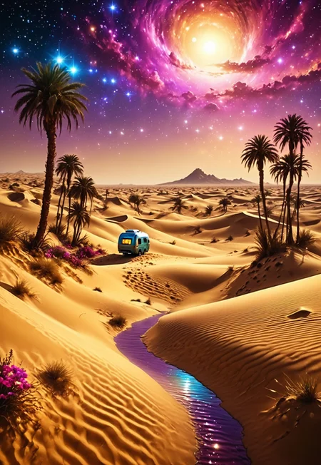 Envision a mystical desert oasis surrounded by golden sand dunes, where an iridescent lake reflects the stars above. Palm trees sway gently in the warm breeze, and vibrant flowers bloom in unexpected colors. In the distance, a caravan of travelers rides on the backs of majestic sand creatures, while shimmering mirages create illusions of distant cities. The atmosphere is enchanting, filled with the promise of adventure and the allure of the unknown.