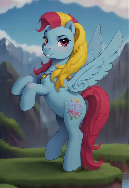 score_9, score_8_up, score_7_up, score_6_up, score_5_up, score_4_up, detailed background
outdoors, mountain
Thistle Whistle mlp, feral, pegasus, multicolored hair, flying in air, spread wings, slim, seductive, break.
looking at viewer, 3/4 side view