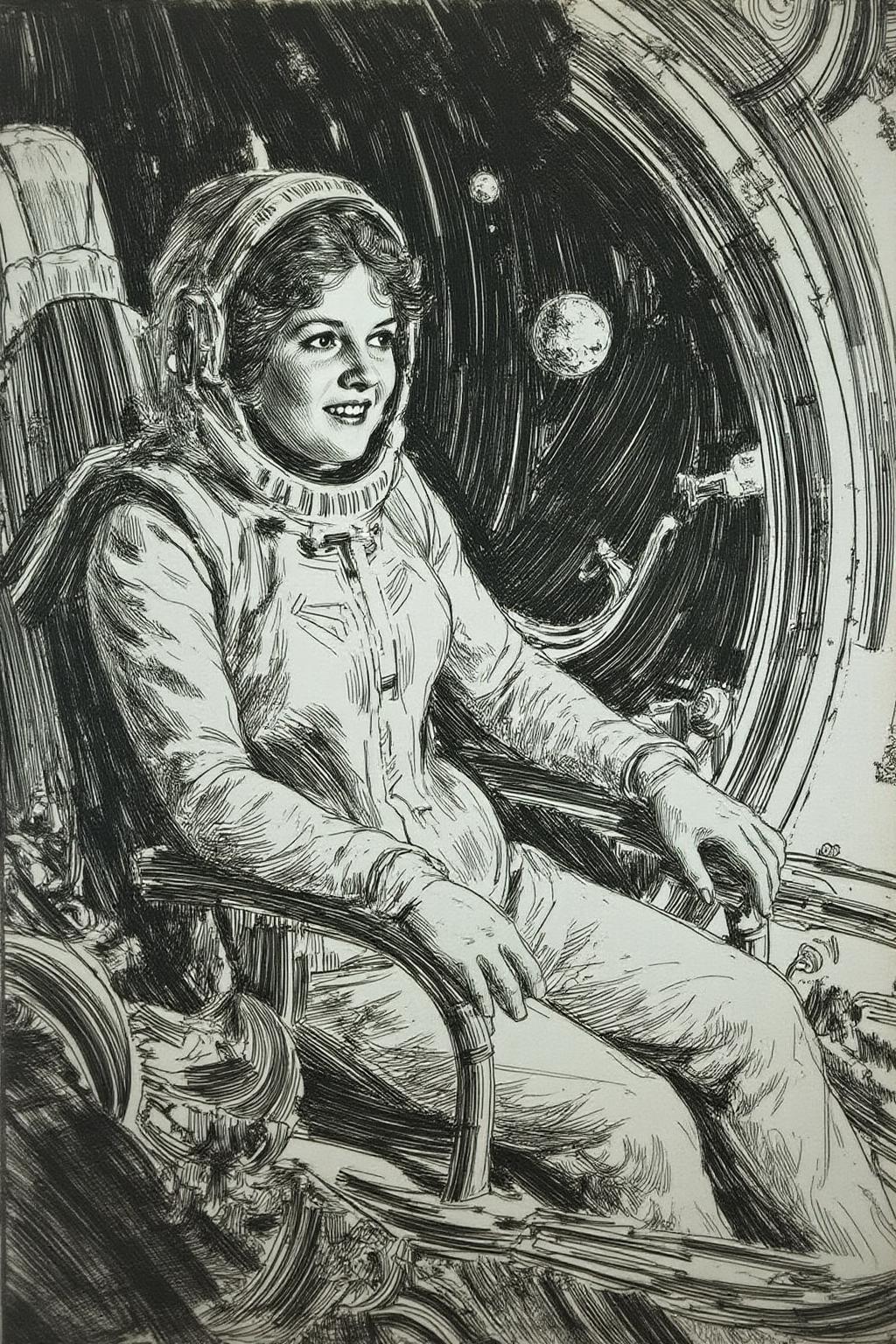 anzo1 black and white etching.
a woman wearing a futuristic yet retro spacesuit sitting inside a retro chrome spacecraft, confidently pilotingthrough asteroids <lora:anzo1_nocap_d6a3:1.0><lora:815137325085617551:0>