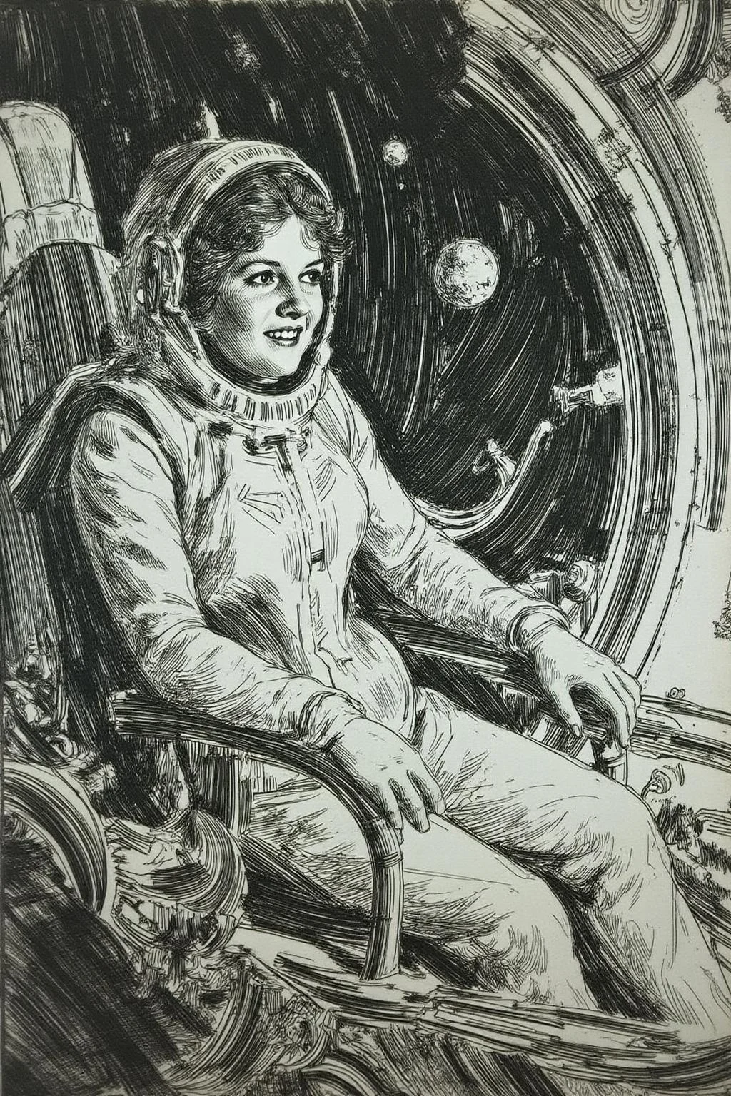 anzo1 black and white etching.
a woman wearing a futuristic yet retro spacesuit sitting inside a retro chrome spacecraft, confidently pilotingthrough asteroids <lora:anzo1_nocap_d6a3:1.0><lora:815137325085617551:0>