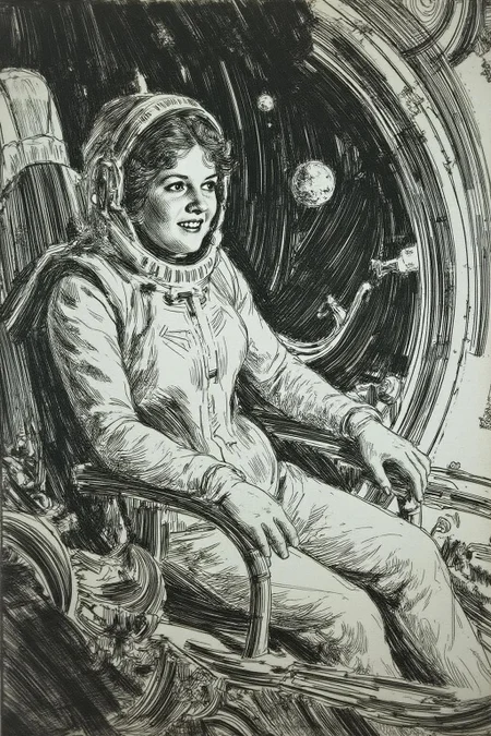 anzo1 black and white etching.
a woman wearing a futuristic yet retro spacesuit sitting inside a retro chrome spacecraft, confidently pilotingthrough asteroids <lora:anzo1_nocap_d6a3:1.0><lora:815137325085617551:0>