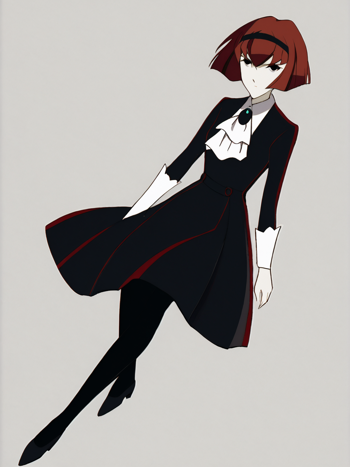 source_anime, score_9, score_8_up, score_7_up, anime screencap, 8k, absurd res, <lora:BigO_PDXLv1 Dorothy-000060:0.8> 1girl, solo, r. dorothy wayneright, short hair, black dress, black pantyhose, red hair, black hairband, black eyes, green brooch, pale skin, black shoes, simple background, full body,