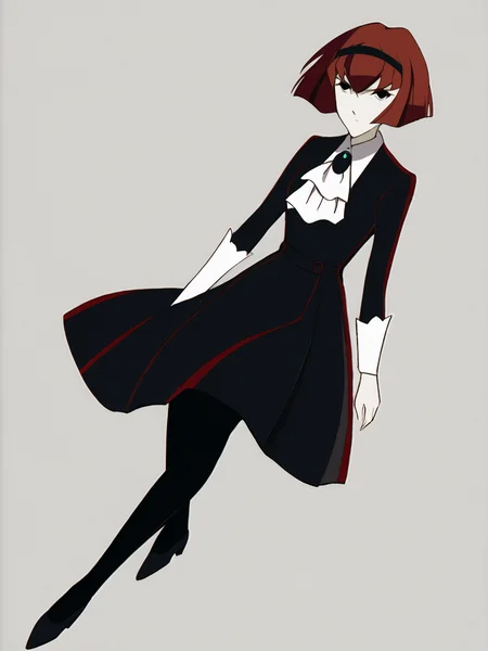 source_anime, score_9, score_8_up, score_7_up, anime screencap, 8k, absurd res, <lora:BigO_PDXLv1 Dorothy-000060:0.8> 1girl, solo, r. dorothy wayneright, short hair, black dress, black pantyhose, red hair, black hairband, black eyes, green brooch, pale skin, black shoes, simple background, full body,