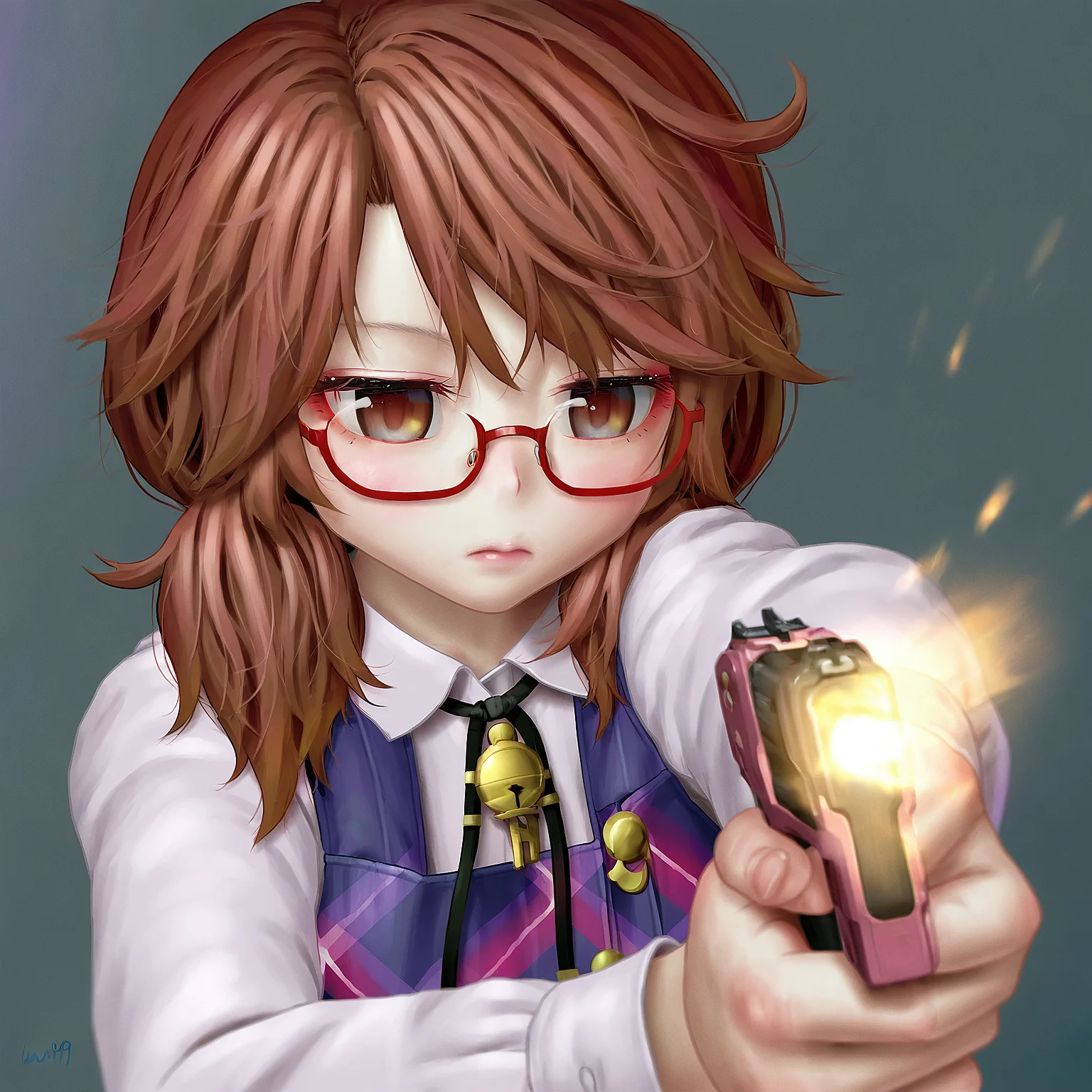 1girl, solo, usami_sumireko, m-76e omaha, handgun, holding gun, aiming, firing, muzzle flash, emotionless simple background, best quality, masterpiece, aki99, <lora:OWN/pops_cyb_m-76e_omaha-v007.safetensors:1.0>