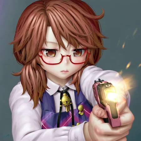 1girl, solo, usami_sumireko,  m-76e omaha, handgun, holding gun, aiming, firing, muzzle flash, emotionless simple background, best quality, masterpiece, aki99, <lora:OWN/pops_cyb_m-76e_omaha-v007.safetensors:1.0>