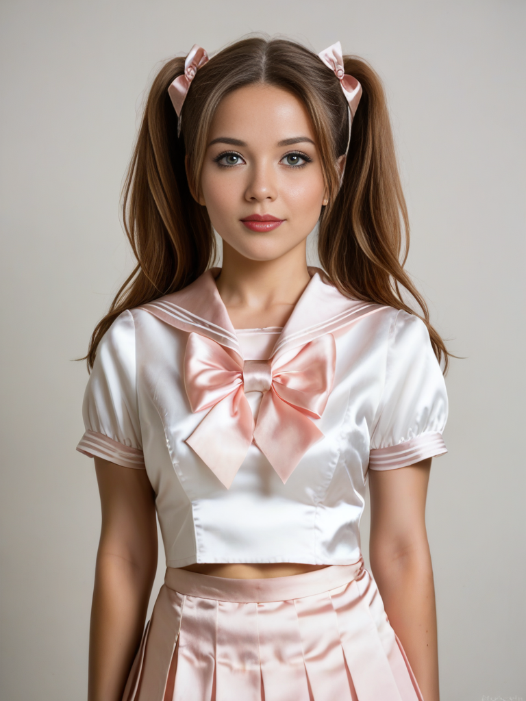 score_9, score_8_up, score_7_up, 1girl, solo, close-up realistic, cute 21-year-old blond cute woman with twintails and bows, wearing a satin schoolgirl uniform, satin pleated skirt, satin sailor collar blouse, bow ,high resolution,professional grade,RAW photography,,perfect eyes, bright lights
 <lora:Satin_Schoolgirl_epoch_1:1>