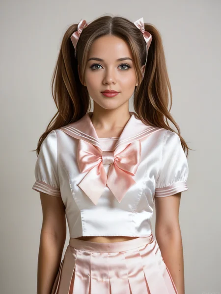 score_9, score_8_up, score_7_up, 1girl, solo, close-up realistic, cute 21-year-old blond cute woman with twintails and bows, wearing a satin schoolgirl uniform, satin pleated skirt, satin sailor collar blouse, bow ,high resolution,professional grade,RAW photography,,perfect eyes, bright lights
<lora:Satin_Schoolgirl_epoch_1:1>