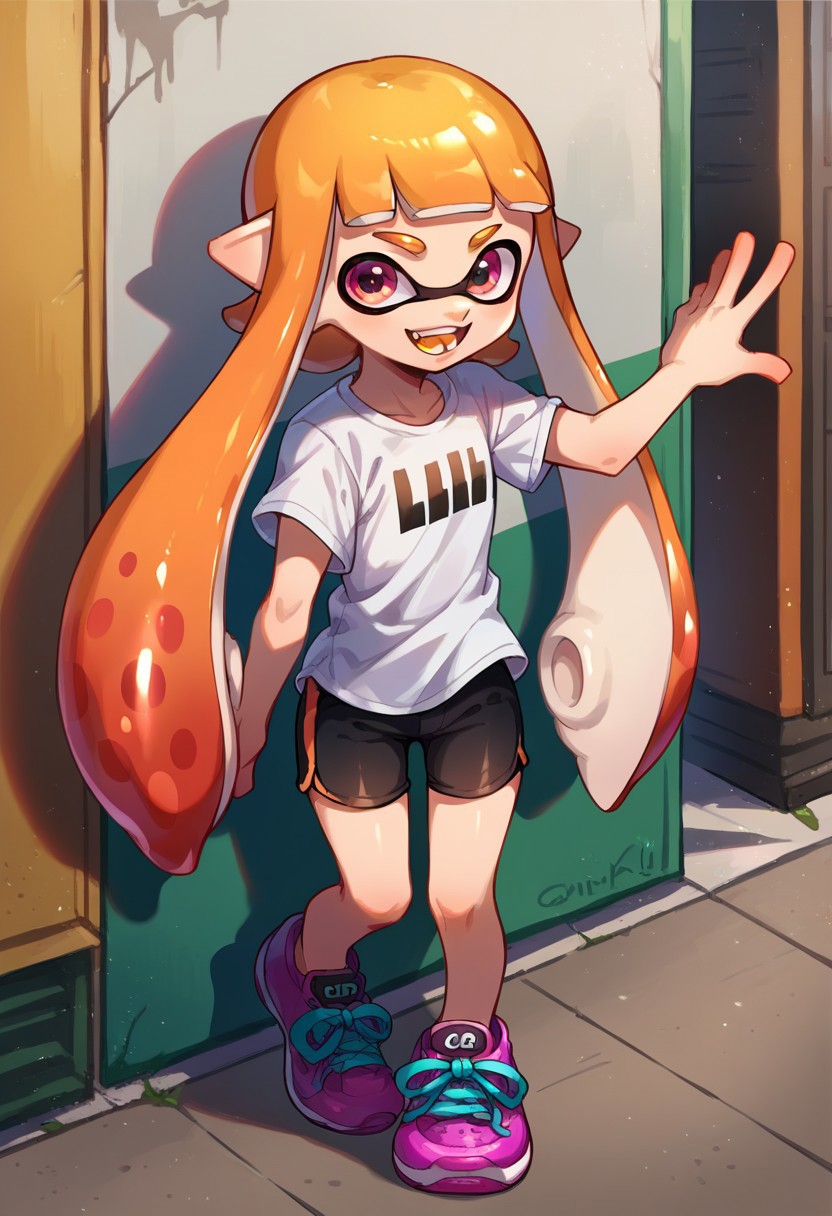 score_9, score_ 8, score_7_up, source_anime, inkling girl, 1girl, solo, shirt, splat shorts, looking at viewer, smile, shoes, open mouth, white shirt, standing