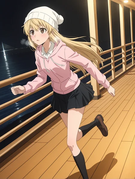 masterpiece,best quality,newest,
1girl,solo,
anime screencap,<lora:s_raimei_ilxl_v1.0:1>,s_raimei,blonde hair,brown eyes,hair down,very long hair,
black pleated skirt,black kneehighs,<lora:Fixhands_anime_bdsqlsz_V1:1>,light_blush,white knit hat,long_sleeves,pink hoodie,collared_shirt,<lora:commercial_facility_ilxl_1.0:1>,c_f00,night,night_sky,bridge,ocean,wood deck,running,looking ahead,heavy_breathing,