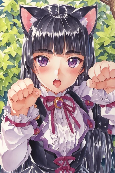 1girl,gokou ruri,animal ears,long hair,solo,mole under eye,black hair,cat ears,paw pose,mole,purple eyes,dress,blush,black dress,hime cut,open mouth,traditional media,score_9,score_8_up,<lora:Kosuke Fujishima_XL_PONY_OM:0.8>,