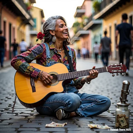 A weathered, yet vibrant, street musician, a Black woman in her late 50s, sits cross-legged on a cobblestone street in New Orleans. Her silver-streaked hair is pulled back in a loose braid, revealing intricate silver hoop earrings. She wears a colorful patchwork dress layered over faded denim overalls, exuding a bohemian charm. Her hands, calloused but graceful, cradle a well-worn acoustic guitar, its wood gleaming under the warm, late-afternoon sun. A single, deep red rose is tucked behind her ear. Around her, the bustling street life blurs into a soft bokeh: wrought-iron balconies, brightly painted buildings, and snippets of passersby frozen in motion. Sheâs caught mid-song, her face tilted upwards, her eyes closed in soulful concentration, a genuine smile playing on her lips. A vintage microphone stand with a tarnished silver finish stands before her, reflecting the golden light. A small, battered tip jar overflowing with dollar bills sits beside her. The image evokes the spirit of jazz, resilience, and the enduring beauty of the human spirit. Photorealistic, cinematic lighting, shallow depth of field, shot with a Leica SL2, Summilux 50mm f/1.4, f/2.8, ISO 400, 1/160 sec. <lora:_Flux\_Painting\Crepax_Valentina.safetensors:1.0:1.0>