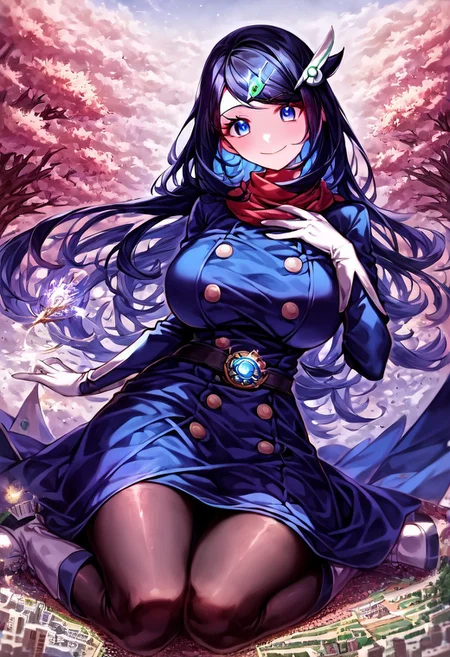gorgeous lips, cinematic, (masterpiece), (best quality), (ultra-detailed), very aesthetic, perfect composition, intricate details, absurdres, detailed face, (anime, masterpiece, intricate:1.3), (best quality, hires textures, high detail:1.2), score_9, score_8_up, score_7_up, source_anime, 1girl, liko \(pokemon\), very long hair, black hair, blue highlights, blue eyes, eyelashes, hair ornament, scarf, dress, blue dress, long sleeves, buttons, gloves, white gloves, belt, pantyhose, black pantyhose, boots, white heel footwear, butterflies, skirt, floral patterns, alternate_costume, large breasts, facial expression, kind, soft eyes, head tilt, slightly smiling, closed mouth, hand on breasts, breasts covered, goddess, planet size, giantess, enormous body, growing even bigger, towering over cities, small planet, sitting on a big city, floating object, gradient eyes, beautiful detailed eyes, Chinatown background, Chinatown landscape, Chinatown, temples, outdoors, cherry blossom forest, small lakes, holding planet, (masterpiece:1.4), (best quality:1.4), (ultra-detailed:1.2), gl0w, glow,