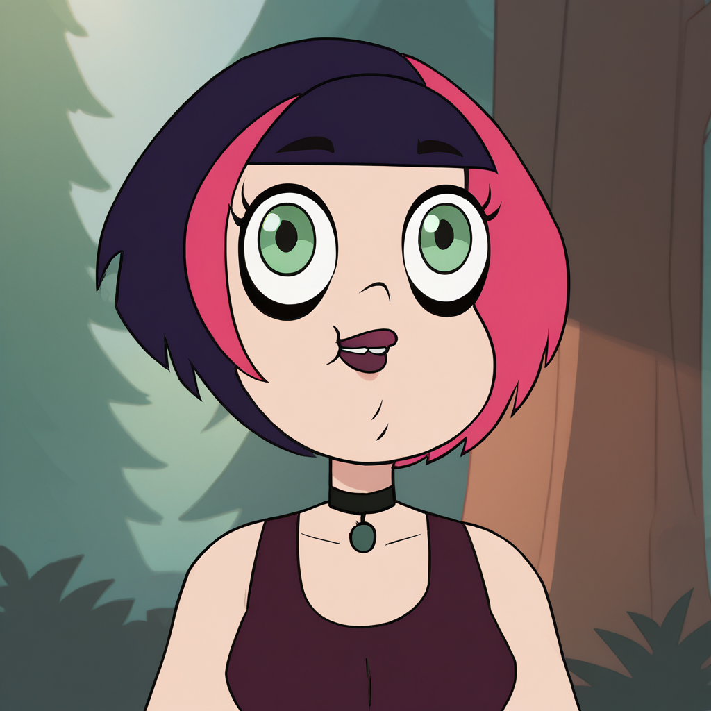 score_9_up, score_8_up, BREAK, IngridBloomgren, front, 1girl, solo, multicolored hair, pink hair, short hair, green eyes, choker, tank top, upper body, looking at viewer, forest,   <lora:IngridBloomgren_PXL_Leaf2:1>