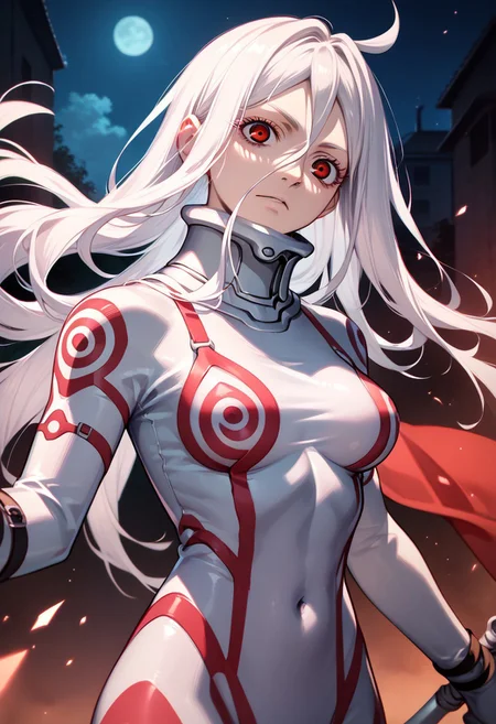 score_9_up, score_8_up, score_7_up, extreamly detailed, beautiful detailed face, complex detailed background, completely clothes, BREAK,
SHIRO (DEADMAN WONDERLAND), white latex suit, night, holding weapon