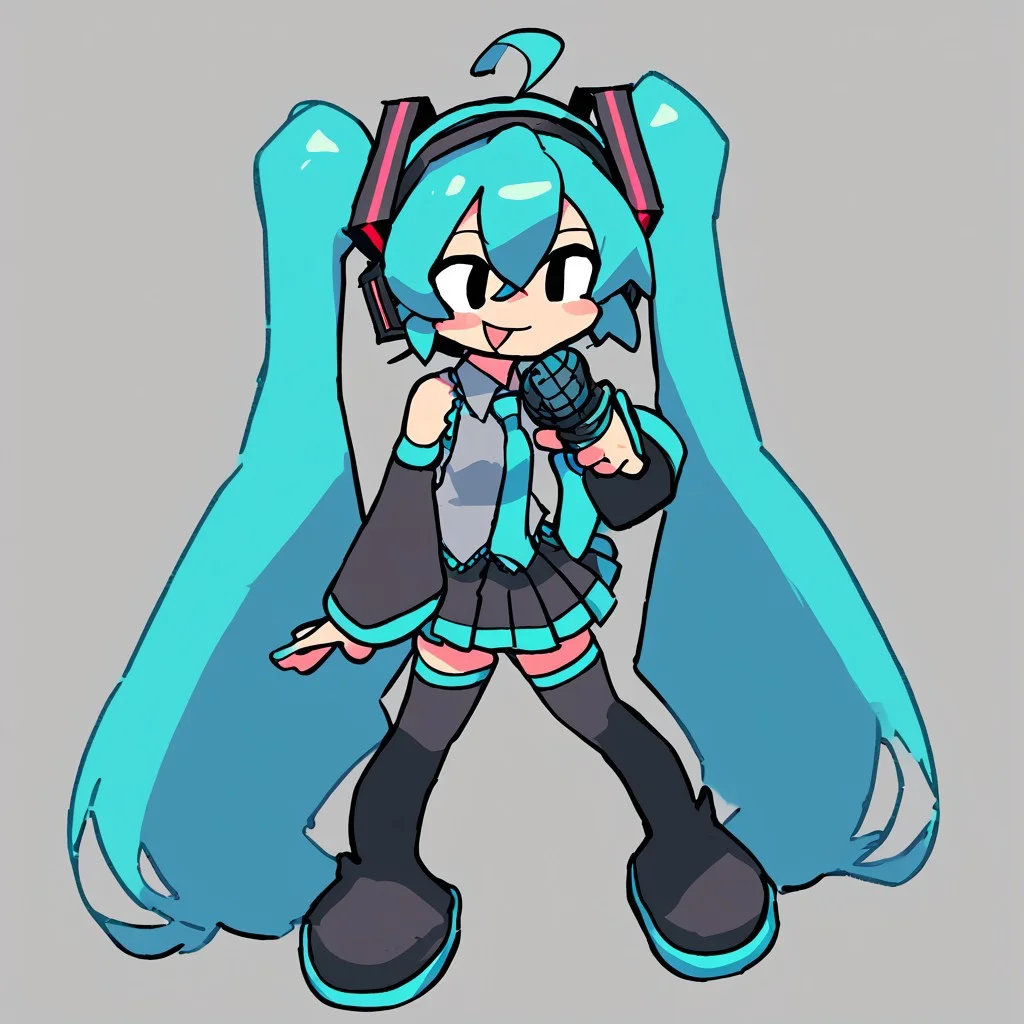 score_9, score_8_up, score_7_up, source_cartoon, solo, 1girl, full body, high definition, high resolution, ((hold microphone)), smiling, miku hatsune, ahoge, black eyes, aqua hair, crossed bangs, hair between eyes, hair ornament, headphones, long hair, twintails, aqua necktie, black footwear, black skirt, black sleeves, boots, collared shirt, detached sleeves, grey shirt, necktie, pleated skirt, shirt, skirt, sleeveless, sleeveless shirt, thigh boots, tie clip