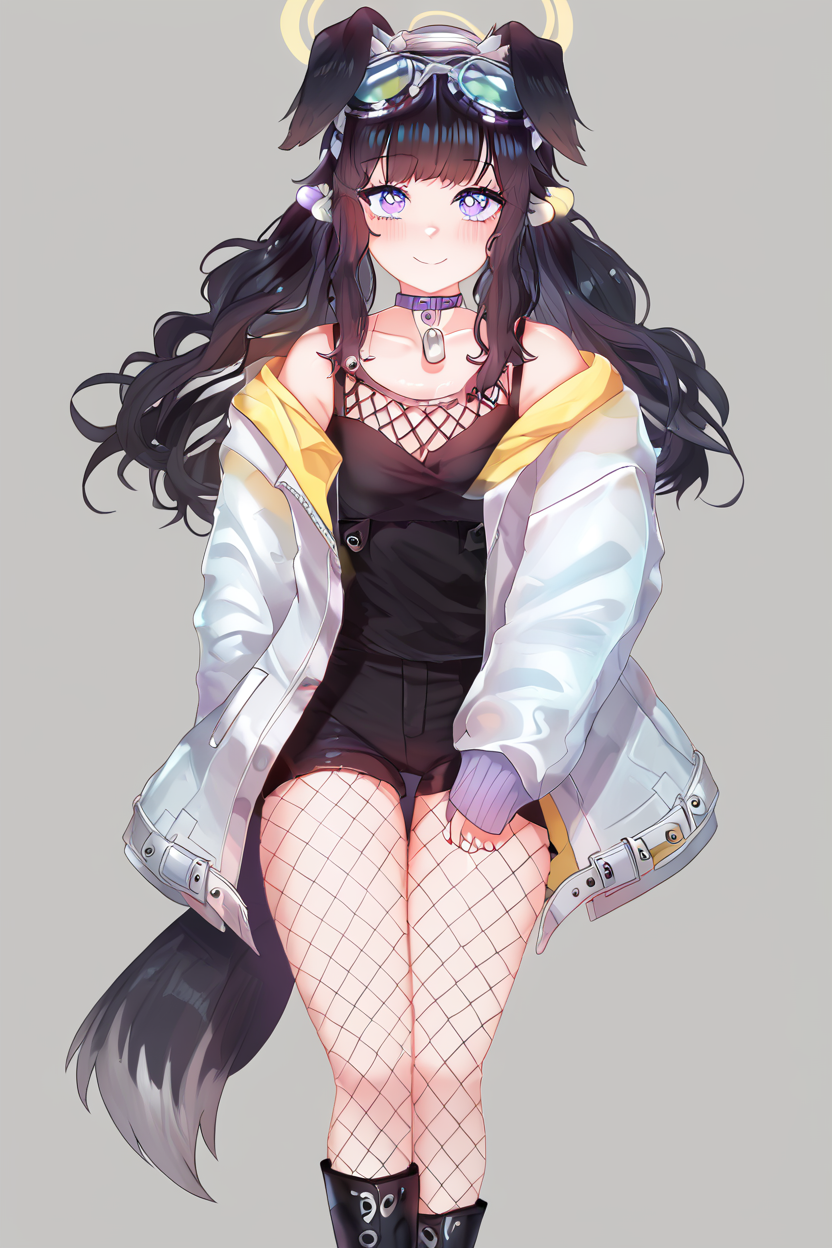 score_9, score_8_up, score_8, medium breasts, (curvy), cute, eyelashes,       BREAK, , ,,, zzHibiki, yellow eyes, black hair, long hair, animal ears, dog ears, dog tail, halo, (black shirt), white jacket, open jacket, black shorts, boots, fishnet pantyhose, off-shoulder, dog tags, purple eyes, <lora:Hibiki_BlueArchive_PDXL_v2:0.8>,   ,,,, BREAK, smile, closed mouth, looking at viewer, cowboy shot, ,,, embedding:zPDXL, Expressiveh, ,,, <lora:Puppypaww_Style_PDXL_v2:0.8>, <lora:SDXLFaeTastic2400:0.5>, <lora:Expressive_H-000001:0.4>,
