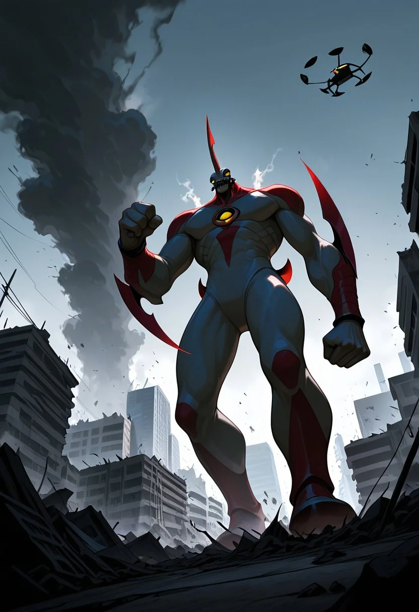 masterpiece, best quality, amazing quality, very aesthetic, absurdres, newest,
,waybig, no humans, solo, alien, horn, single horn, yellow eyes, arm blade,
giant, behind building, sharp teeth, punching, smoke, helicopters, giant character, from below, destroyed city, behind budlings