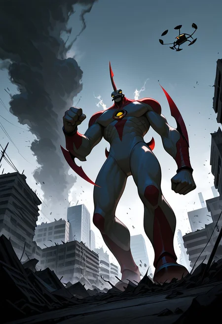 masterpiece, best quality, amazing quality, very aesthetic, absurdres, newest,
,waybig, no humans, solo, alien, horn, single horn, yellow eyes, arm blade,
giant, behind building, sharp teeth, punching, smoke, helicopters, giant character, from below, destroyed city, behind budlings