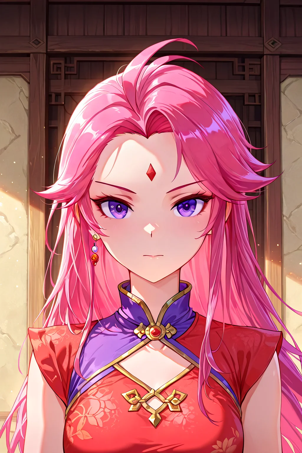 front view,
1girl,upper body,looking at viewer,
Best quality,masterpiece,soft light,official art,high quality,highres,absurdres,epic scene,natural textures,<lora:Dong Fang Tie Xin IL:1>,dongfangtiexin,asymmetrical hair,pink hair,long hair,forehead mark,red forehead mark,ahoge,purple eyes,jewelry,