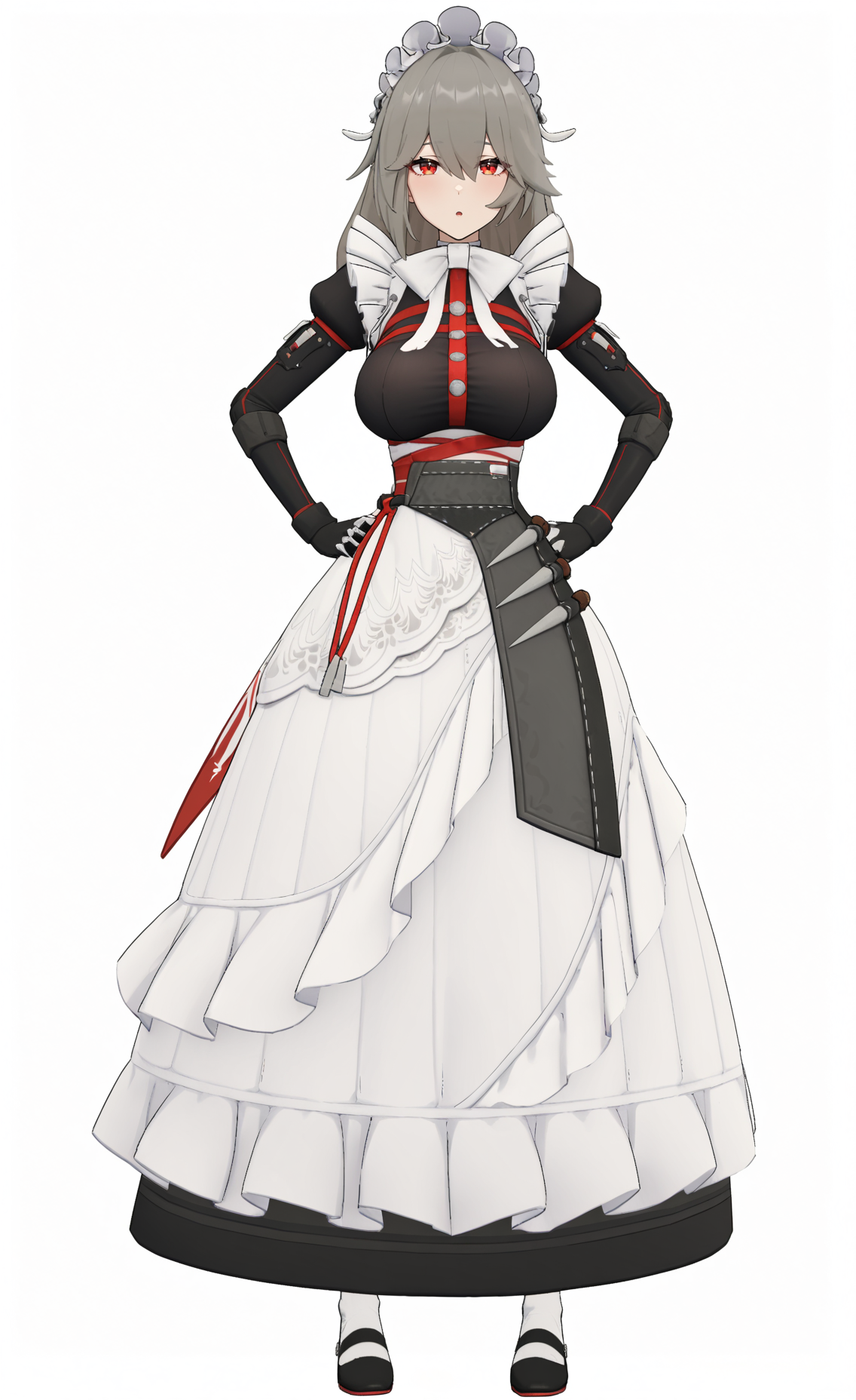 8k, best quality, masterpiece, (ultra-detailed), (high detailed skin), (white background:1.3), 
(full body:1.25), (white background), standing, looking at viewer, (solo:1.2), hands on hips, 
<lora:rina-A3-Tanger-000014:0.8>, rina, rina's def clothes, long dress, 1girl, red eyes, maid, grey hair, maid headdress, breasts, apron, 
(beautiful_face), ((intricate_detail)), clear face, 
((finely_detailed)), fine_fabric_emphasis, 
((glossy)), full_shot,