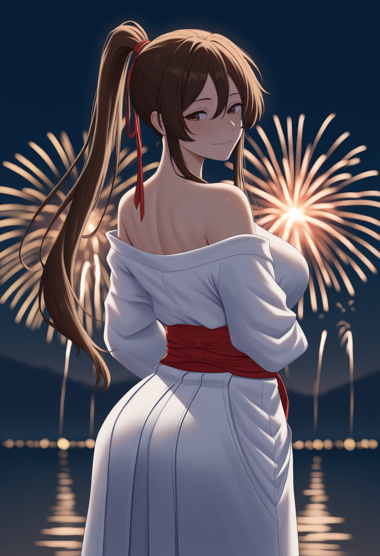 anime, masterpiece, best quality, newest, from behind, solo, 1girl, sag1ri, slight smile, looking back, long hair, brown hair, hair between eyes, sidelocks, high ponytail, hair ribbon, red ribbon, brown eyes, japanese clothes, white kimono, red sash, obi, off shoulder, white hakama, hakama skirt, bare shoulders, outdoors, night, fireworks
<segment:yolo-Anzhc Face seg 640 v2 y8n.pt,0.4,0.5//cid=1>