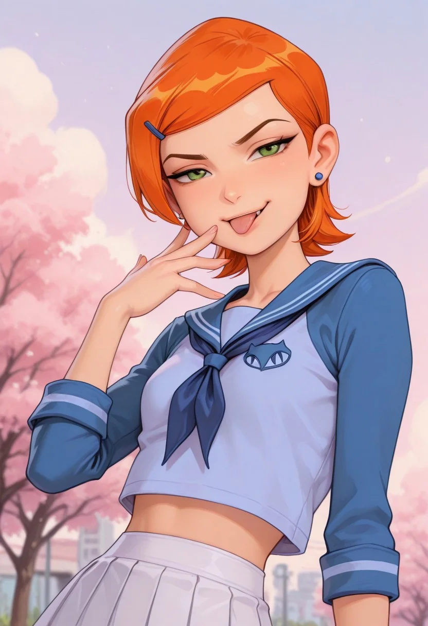 masterpiece, best quality, good quality, very aesthetic, absurdres, newest, 8K, depth of field, focused subject, mythp0rt, pastel colors,
stylized, wabi sabi,
1girl, Gwen_Tennyson, 1girl, solo, orange hair, short hair, green eyes, earrings, cute,
smug, tongue out,
petite body, small waist, curvy,
small breasts,
school uniform,
dynamic angle, close up, close up on face,
outdoors,