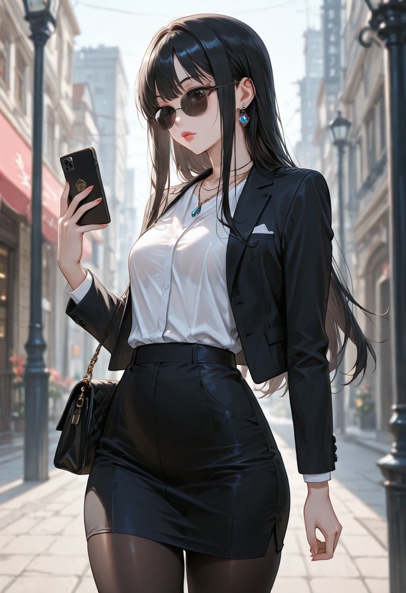 (detailed background:1.1), dynamic pose, (bloom, depth of field, vignetting:1.2), street, 1girl waiting to cross the street, lamppost, 
BREAK
(1girl, solo), black hair, long hair, bangs, long sidelocks, sunglasses, thick lips, standing, holding phone, looking at phone, smartphone, handbag, 
BREAK
office lady, suit, white shirt, suit jacket, black jacket, tight skirth, black pantyhose, necklace, earrings, 
BREAK
small breasts, pointy breasts, (skinny, narrow waist:1.2), (thick thighs:1.2), (hip dips:1.1), 
<lora:SOS_Style_-_Illustrious:1>
