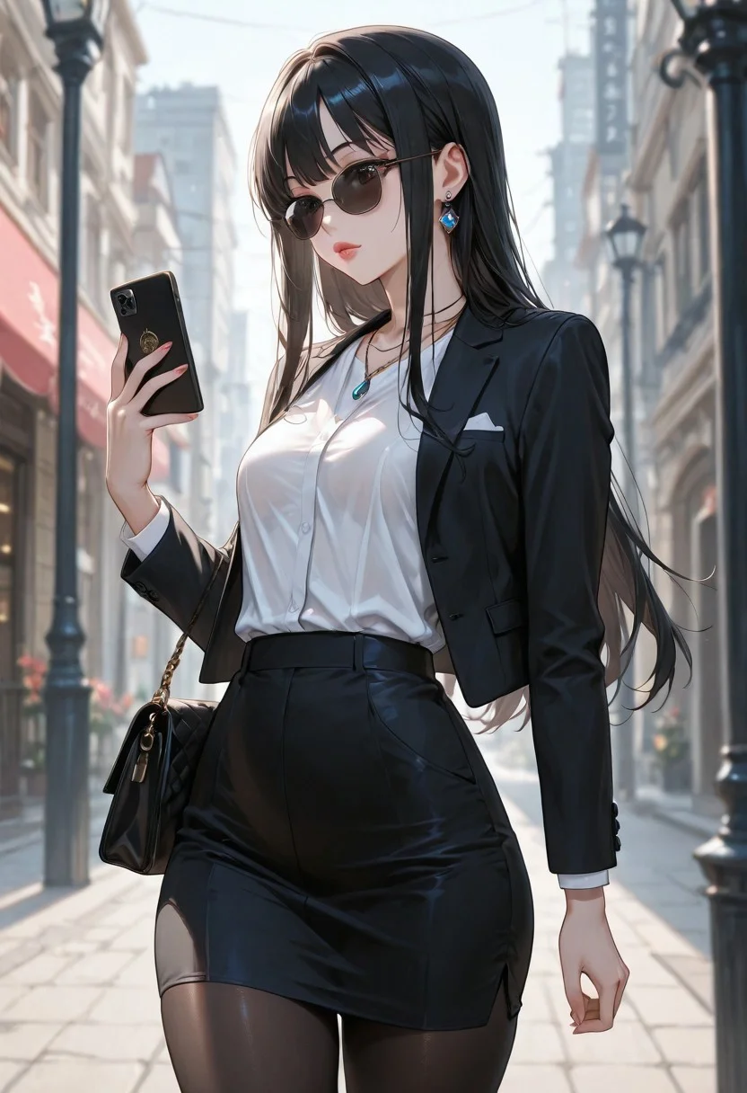 (detailed background:1.1), dynamic pose, (bloom, depth of field, vignetting:1.2), street, 1girl waiting to cross the street, lamppost,
BREAK
(1girl, solo), black hair, long hair, bangs, long sidelocks, sunglasses, thick lips, standing, holding phone, looking at phone, smartphone, handbag,
BREAK
office lady, suit, white shirt, suit jacket, black jacket, tight skirth, black pantyhose, necklace, earrings,
BREAK
small breasts, pointy breasts, (skinny, narrow waist:1.2), (thick thighs:1.2), (hip dips:1.1),
<lora:SOS_Style_-_Illustrious:1>