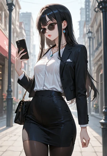 (detailed background:1.1), dynamic pose, (bloom, depth of field, vignetting:1.2), street, 1girl waiting to cross the street, lamppost,
BREAK
(1girl, solo), black hair, long hair, bangs, long sidelocks, sunglasses, thick lips, standing, holding phone, looking at phone, smartphone, handbag,
BREAK
office lady, suit, white shirt, suit jacket, black jacket, tight skirth, black pantyhose, necklace, earrings,
BREAK
small breasts, pointy breasts, (skinny, narrow waist:1.2), (thick thighs:1.2), (hip dips:1.1),
<lora:SOS_Style_-_Illustrious:1>
