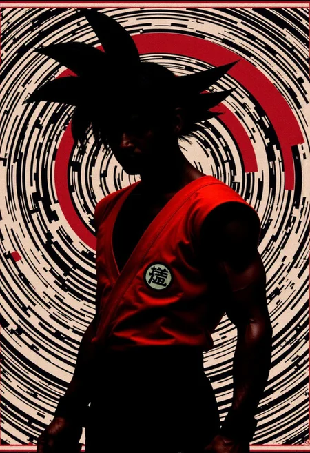 Vector Poster Art, Two Toned bleaked Red and black, Closeup Portrait, Monochrome, Closeup Portrait of a minimalism surreal black Silhouette Striped goku with an earth Like halo infront a Striped space universe embedded in a grignani inspired monochrome with greyscale lines, 1girl, panty, an Image completely made of bold thick lines, perfectly aligned, a 3d Illusion Made of line in the whole Art piece Like its one in black and white deep lined and striped space